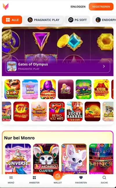 Monro Casino Startseite auf dem Smartphone